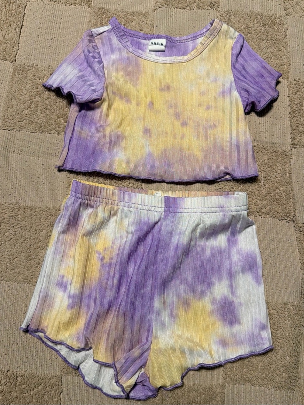 Shein Kids' Purple & Yellow Tie-Dye Ribbed Set